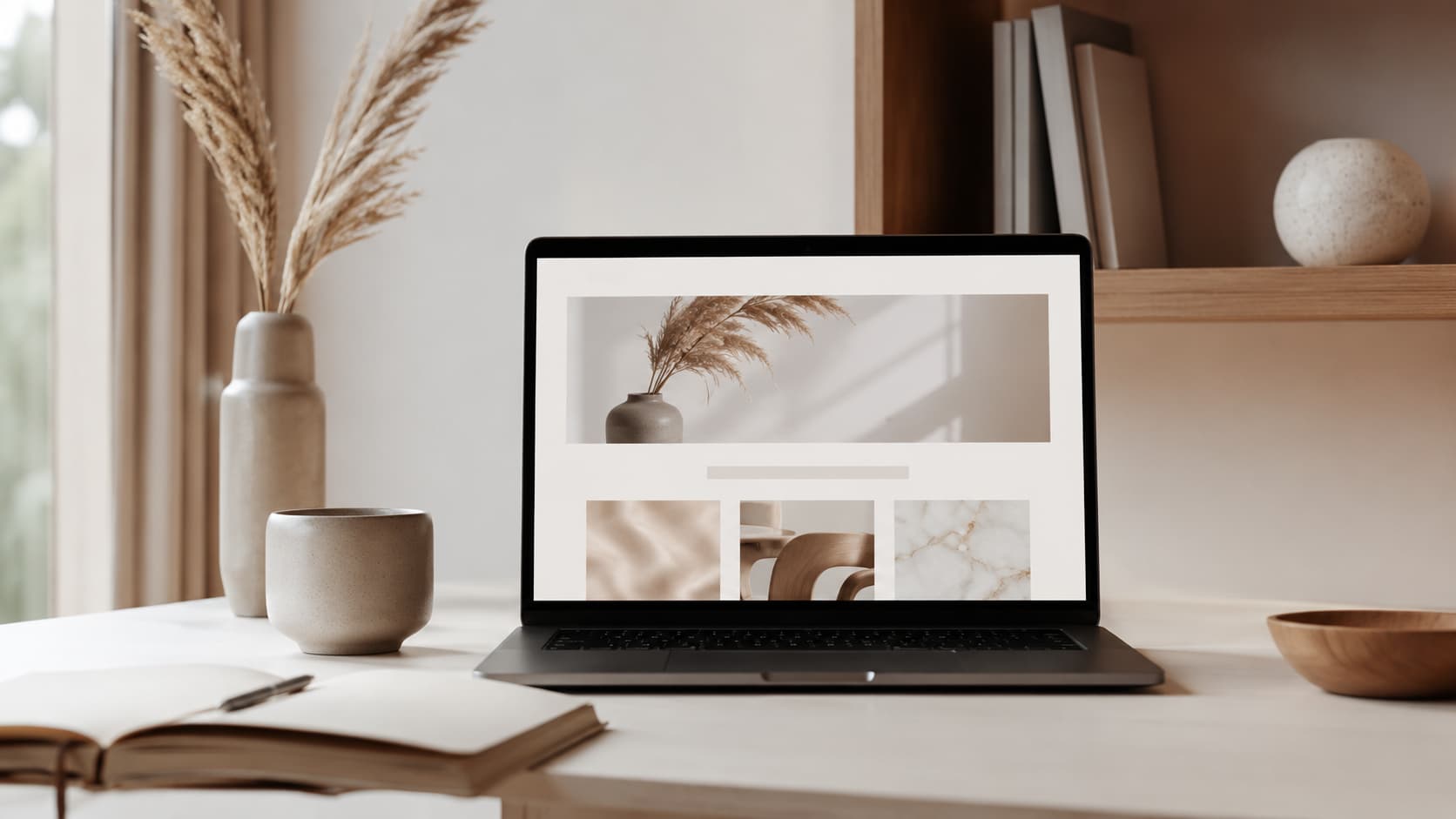 Moderne arbeidsplass med laptop som viser et rent nettsidedesign